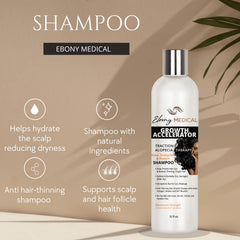 Natural Curves Ebony Medical Hair Support Shampoo close-up on dry, textured hair ready for nourishment.