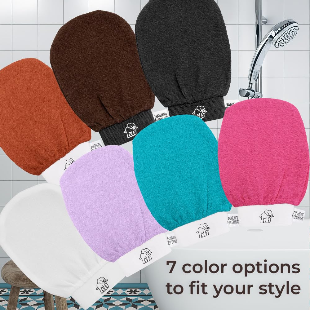 Natural Elephant Exfoliating Hammam Glove in shower ready for daily skincare routine
