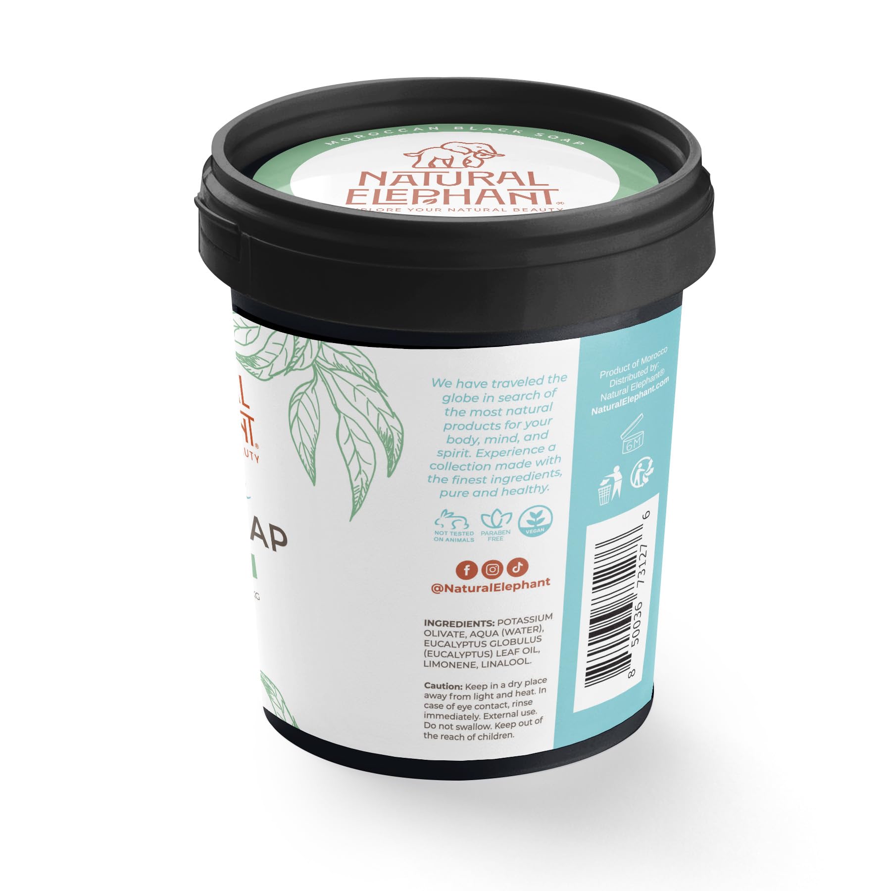 Natural Elephant ingredients feature olive oil and eucalyptus for skin care.
