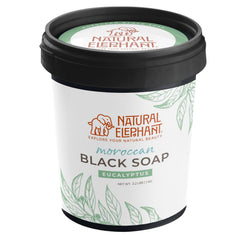 Natural Elephant Moroccan Black Soap with Eucalyptus bottle pour for easy cleansing.