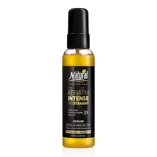 Natural FORMULA Keratin Intense Serum bottle for frizz control and shine.