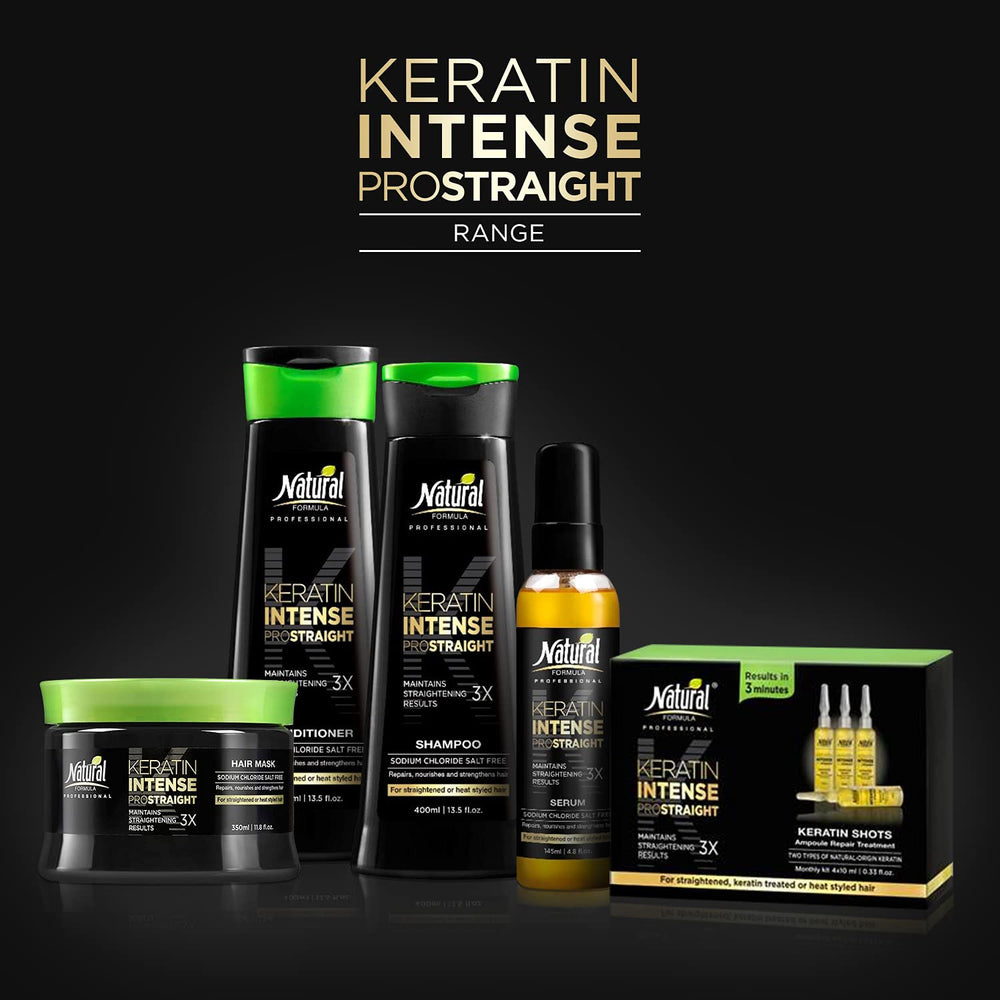 Natural FORMULA Keratin Intense Serum texture close-up shows smooth strands.