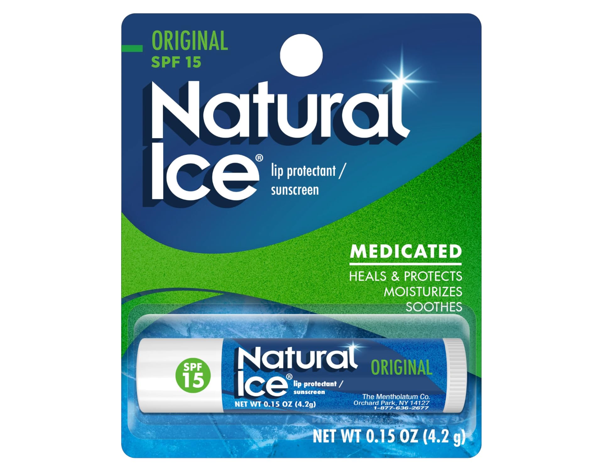 Natural Ice Original SPF15 lip balm tube provides sun and wind protection.