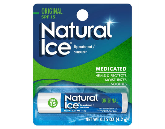 Natural Ice Original SPF15 lip balm tube provides sun and wind protection.
