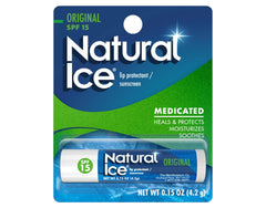 Natural Ice Original SPF15 lip balm tube provides sun and wind protection.