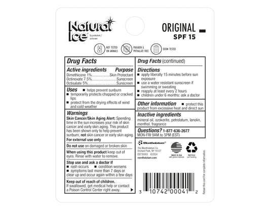Natural Ice SPF15 lip balm being applied for dry lip relief.