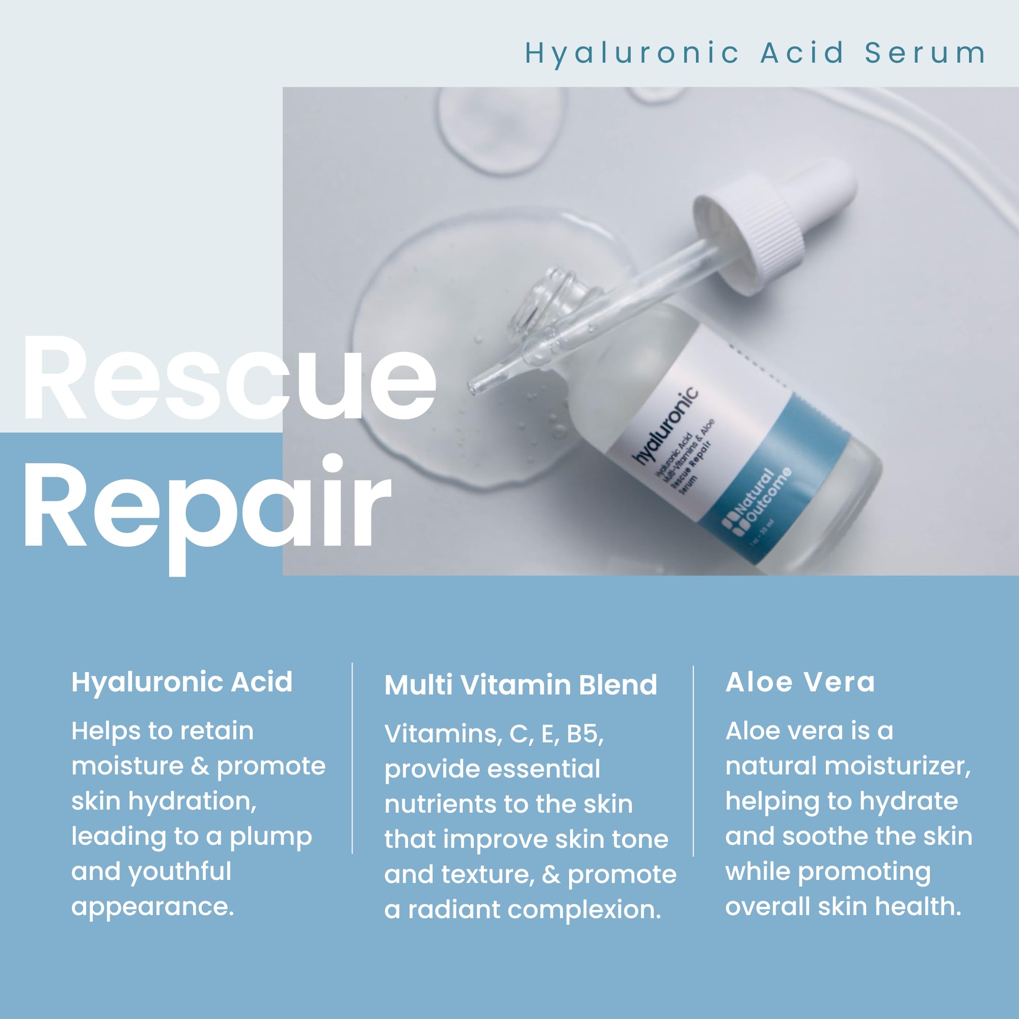 Natural Outcome Hyaluronic Serum dropper applying droplets to hand for hydration.