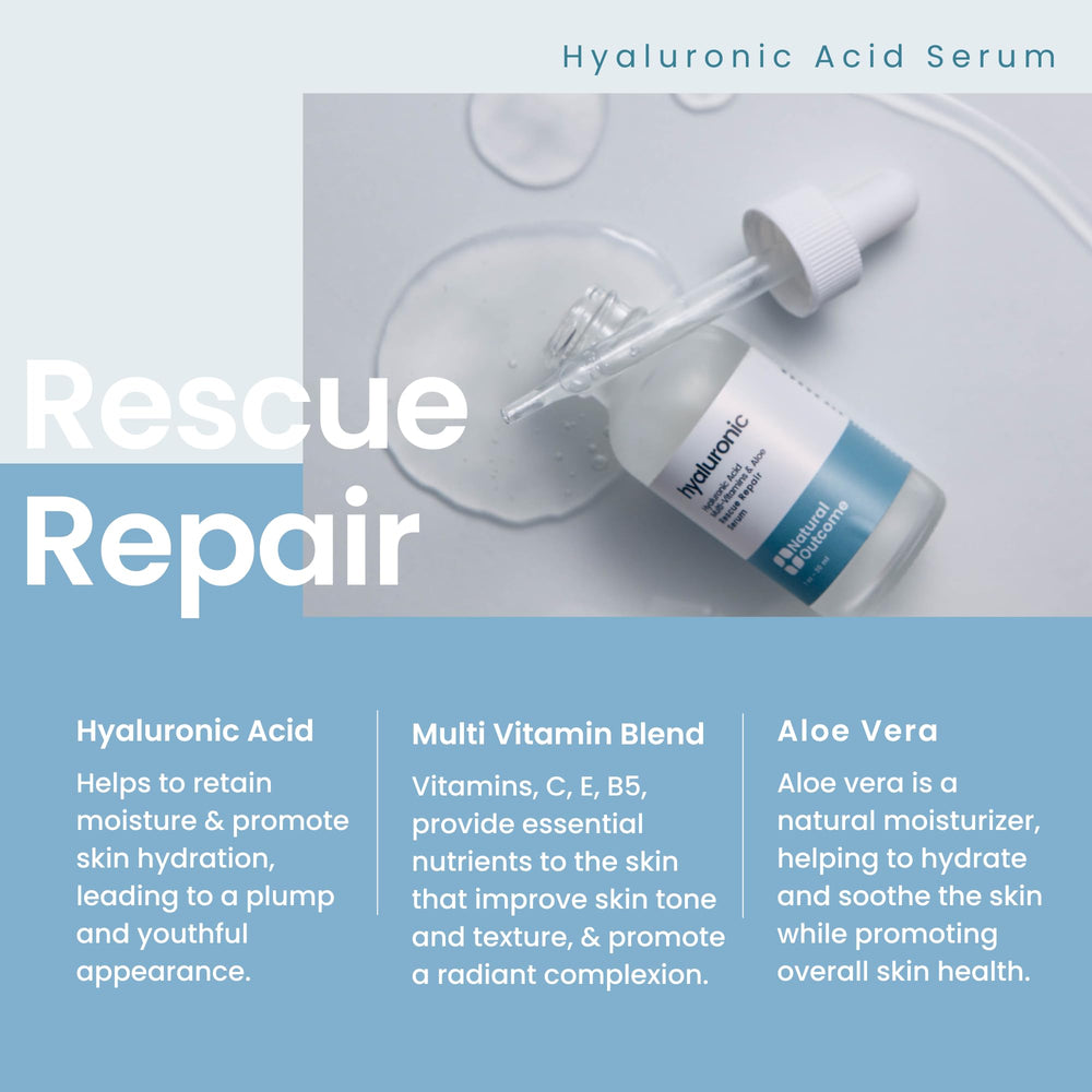 Natural Outcome Hyaluronic Serum dropper applying droplets to hand for hydration.