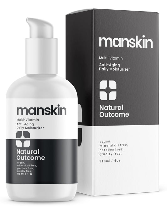 Natural Outcome Man Skin Moisturizer bottle close-up showing hydration-ready formula