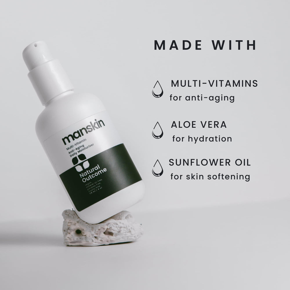 Natural Outcome Man Skin Moisturizer ingredients featuring hyaluronic acid and vitamin C for hydration