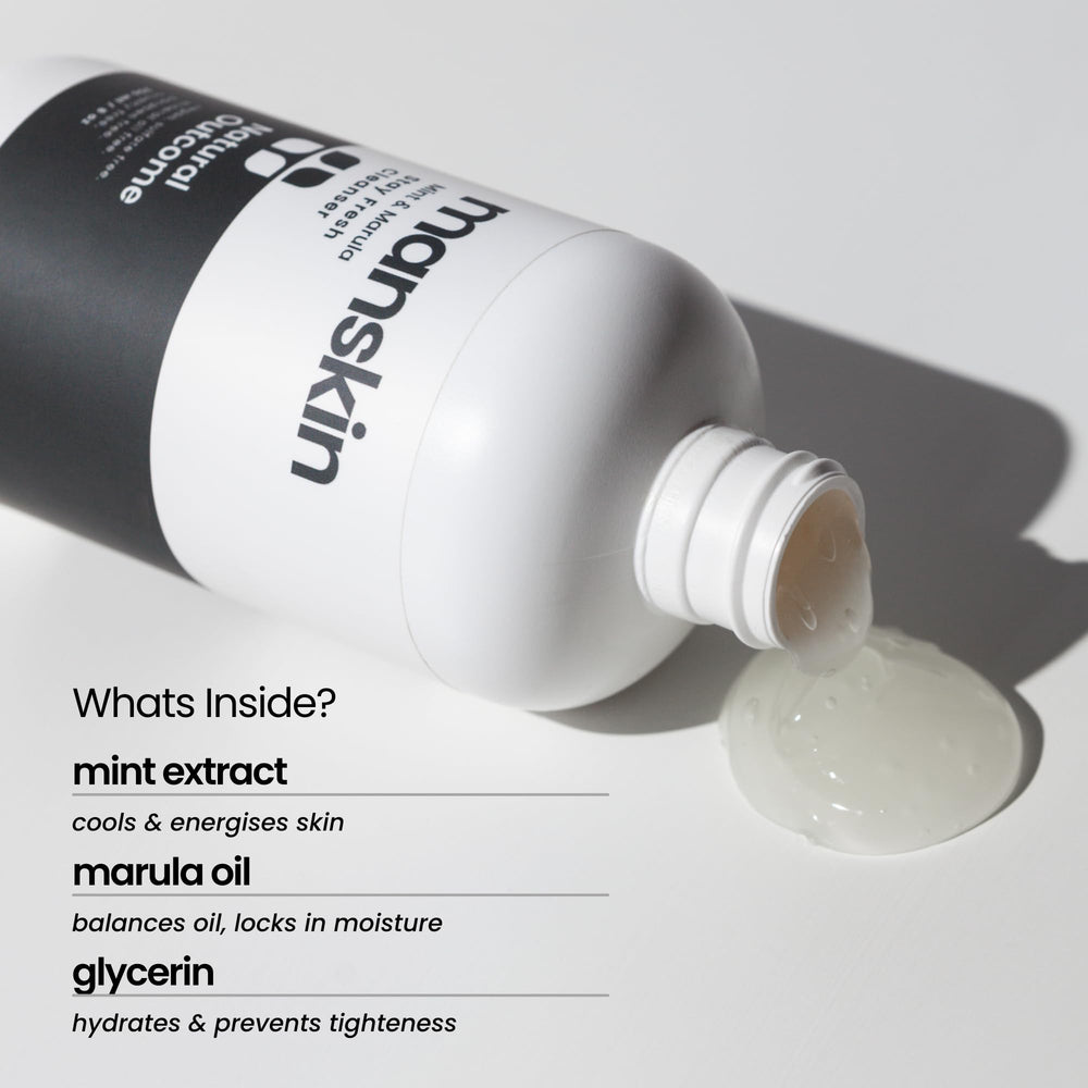 Natural Outcome marula oil closeup shows nourishing ingredients for balanced skin.