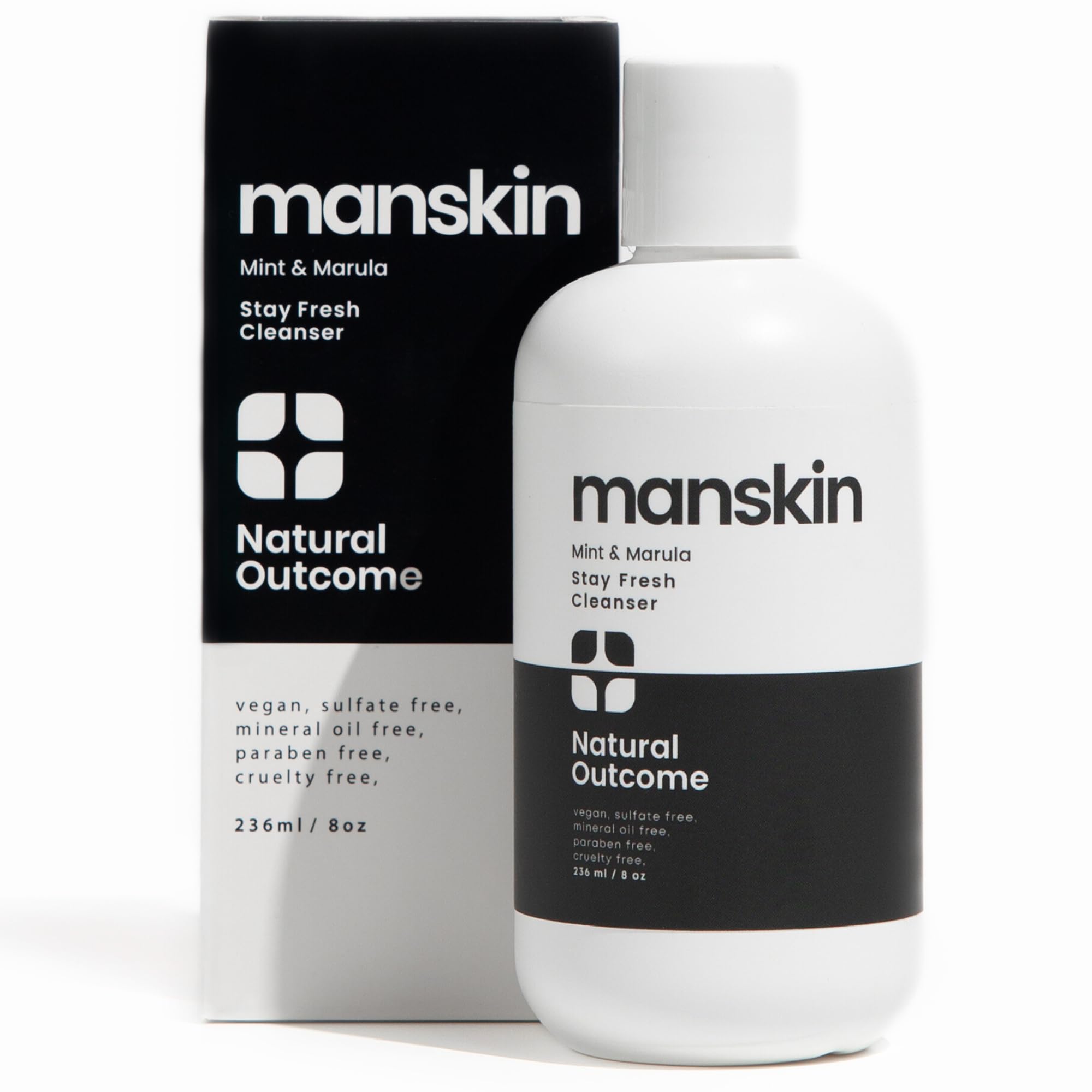 Natural Outcome men's face wash bottle with mint and marula oil for a refreshing cleanse.