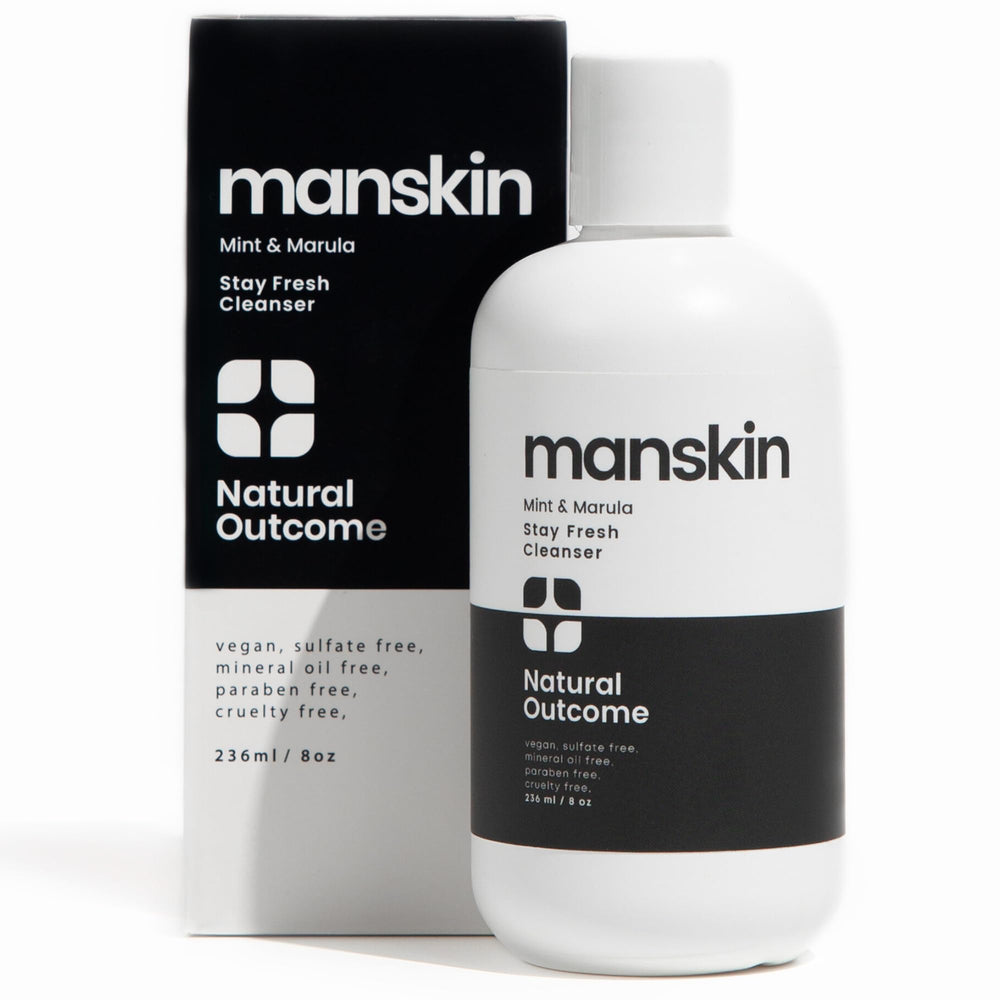 Natural Outcome men's face wash bottle with mint and marula oil for a refreshing cleanse.