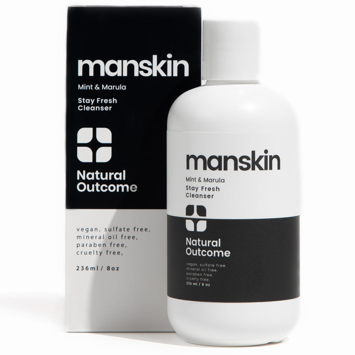 Natural Outcome men's face wash bottle with mint and marula oil for a refreshing cleanse.