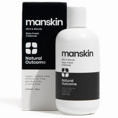 Natural Outcome men's face wash bottle with mint and marula oil for a refreshing cleanse.