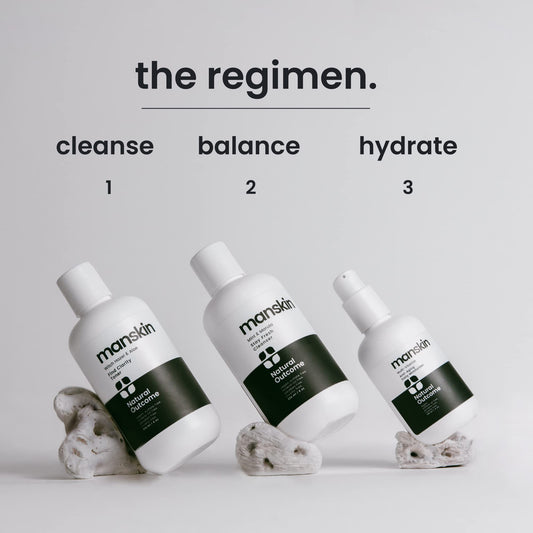 Natural Outcome men's toner bottle highlighting purifying witch hazel for balanced skin.
