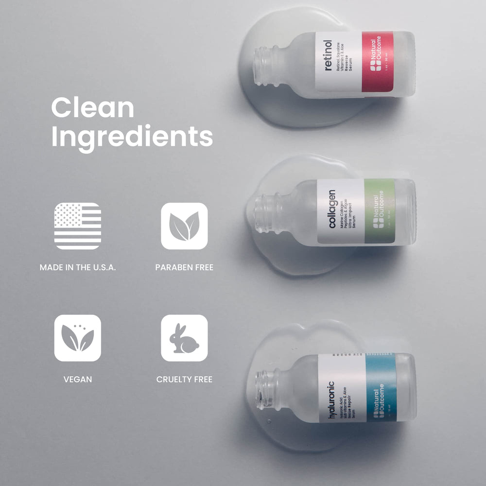 Natural Outcome Serum duo arranged on vanity for day and night skincare routine.