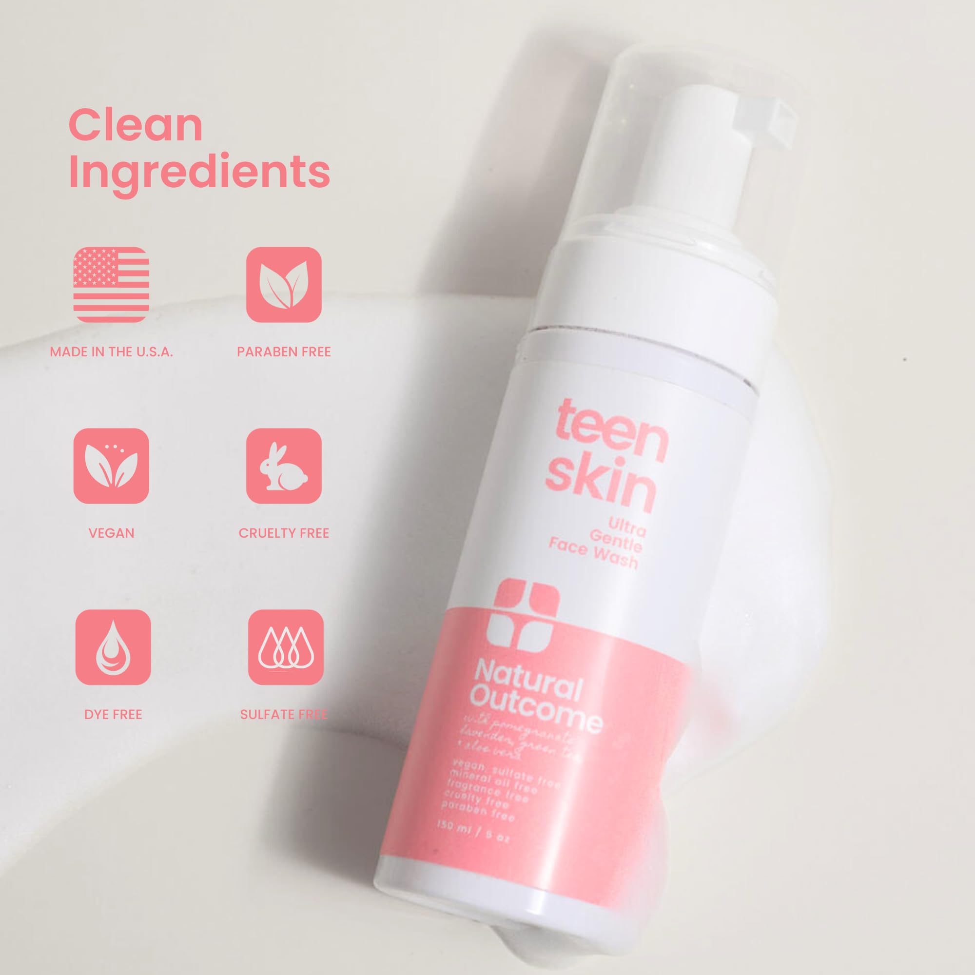 Natural Outcome Teen Skin Face Wash packaging on bathroom shelf.