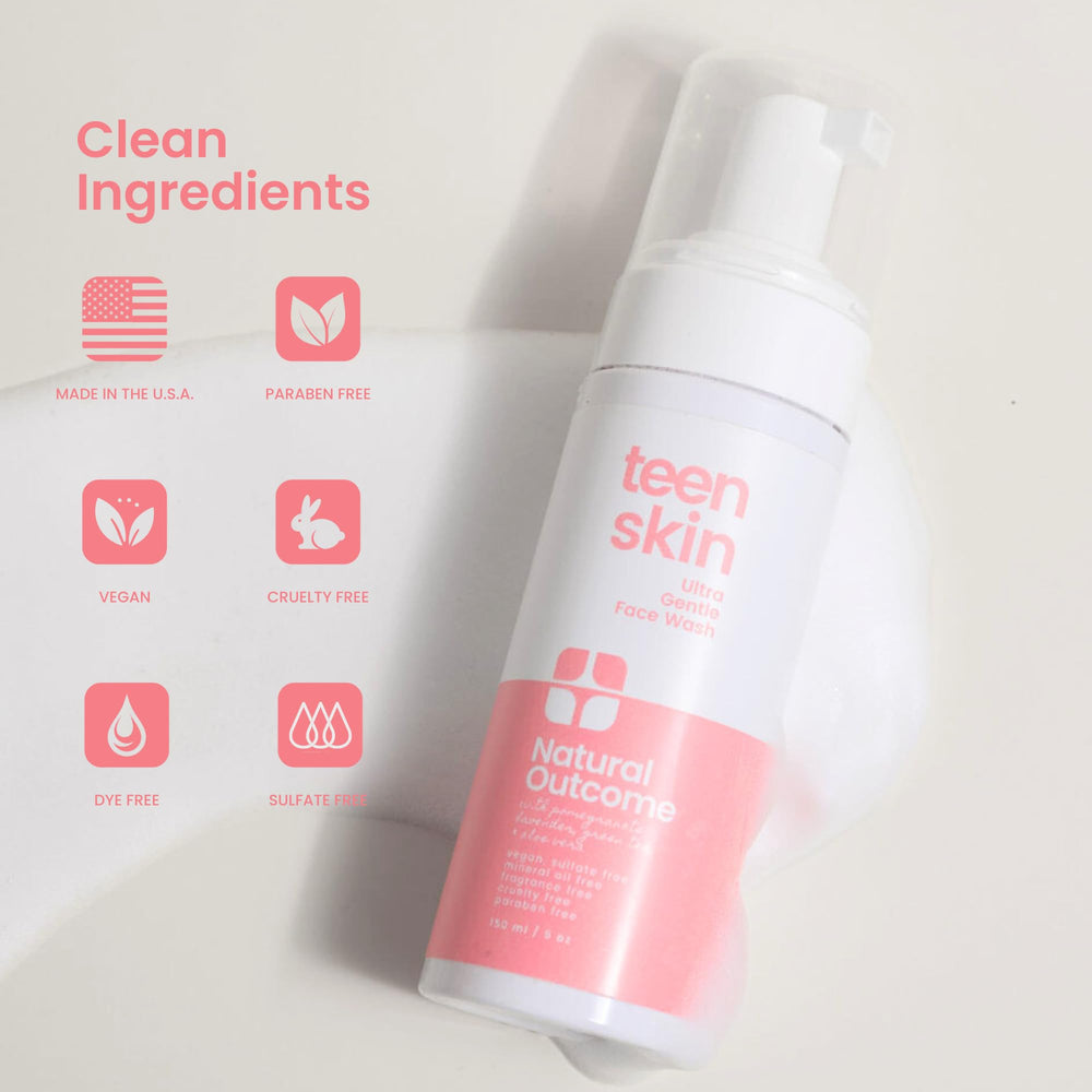 Natural Outcome Teen Skin Face Wash packaging on bathroom shelf.