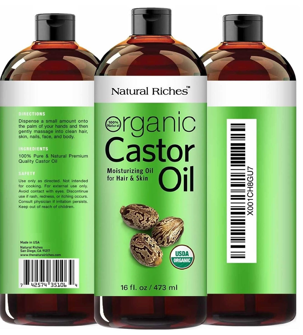 Front label of Natural Riches castor oil showing USDA Organic certification