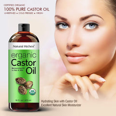 Packaging shot of Natural Riches castor oil in amber bottle