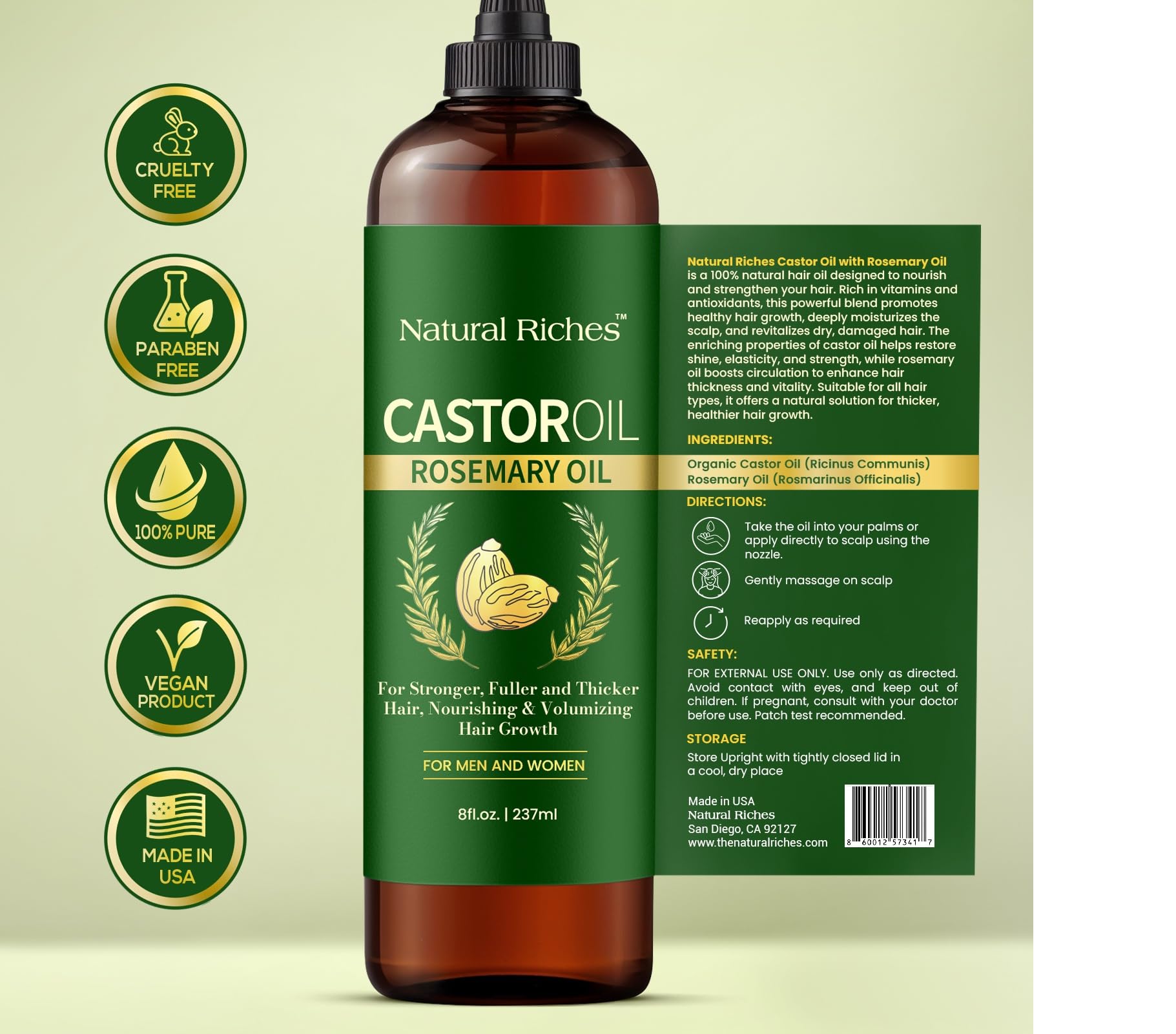 Natural Riches Castor Oil Rosemary Made in USA label