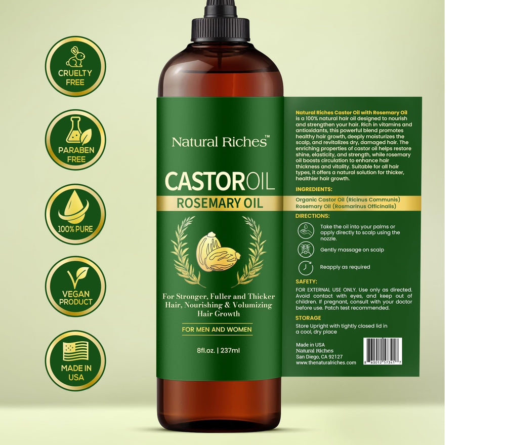 Natural Riches Castor Oil Rosemary Made in USA label