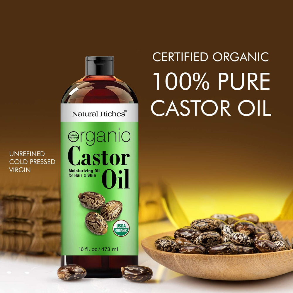 Shelf display showing 16 oz size of Natural Riches castor oil