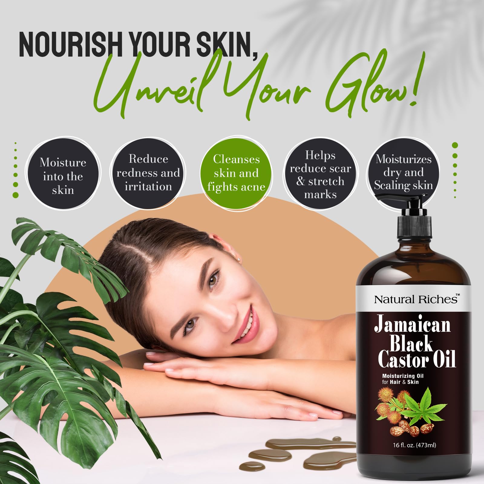 Natural Riches cold-pressed oil shows nutrient-rich formula and fatty acids.