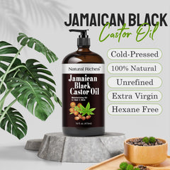 Natural Riches Jamaican Black Castor Oil bottle highlights eyelash and eyebrow revitalization.