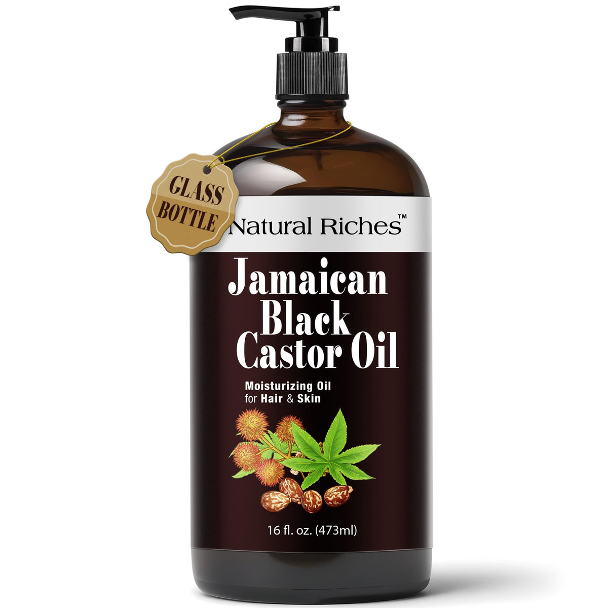 Natural Riches Jamaican Black Castor Oil glass bottle displays purity for hair and skin care.