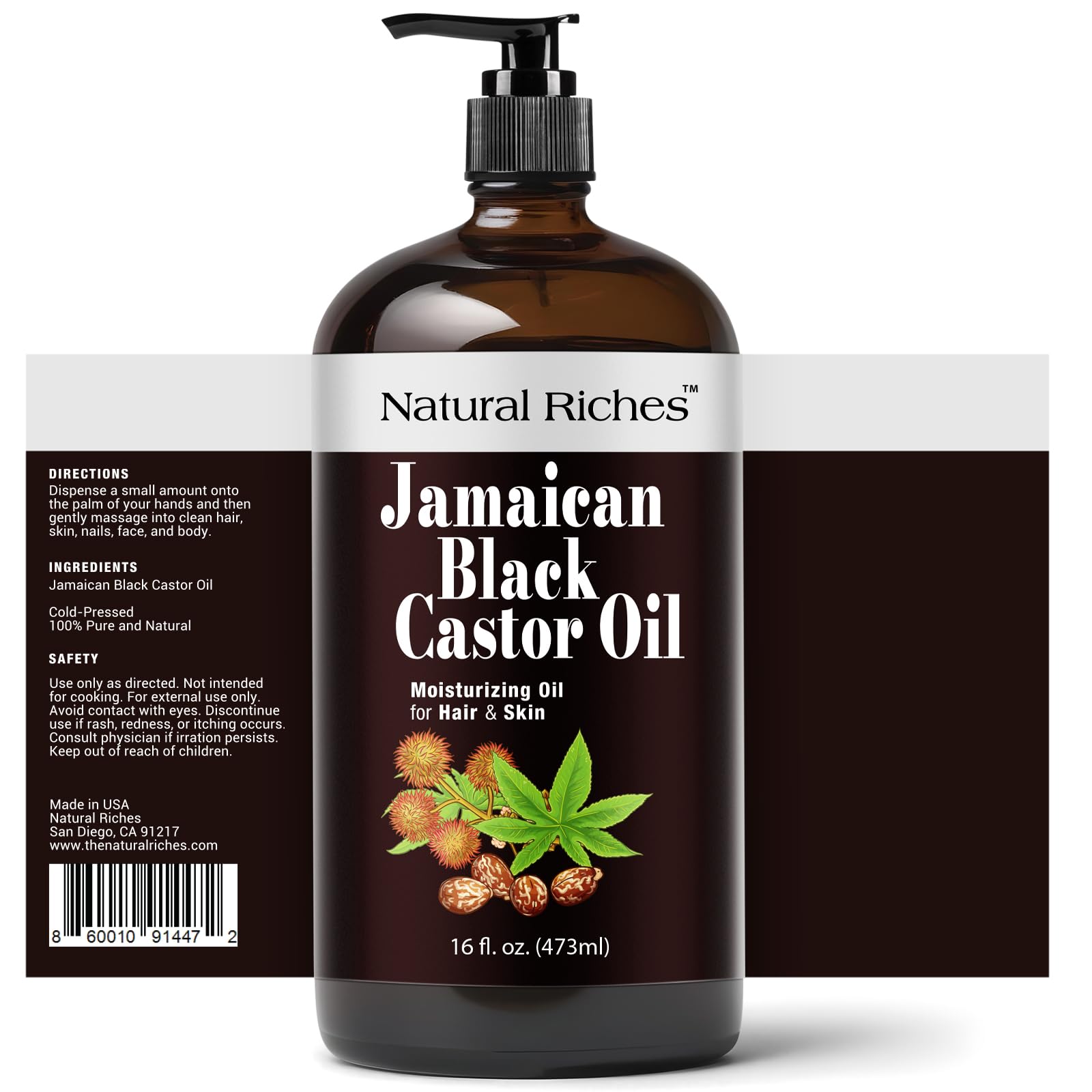 Natural Riches Jamaican Black Castor Oil bottle with pour spout supports easy hair care routines.