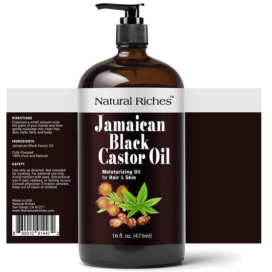 Natural Riches Jamaican Black Castor Oil bottle with pour spout supports easy hair care routines.
