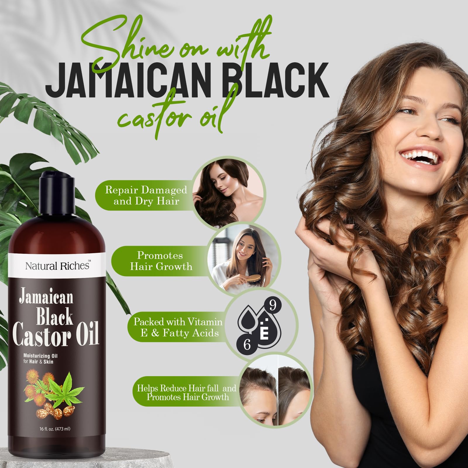 Natural Riches packaging showcases authentic Jamaican black castor oil.