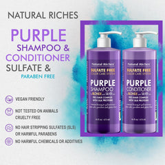 Natural Riches Purple Shampoo and Conditioner set packaging for daily routine.