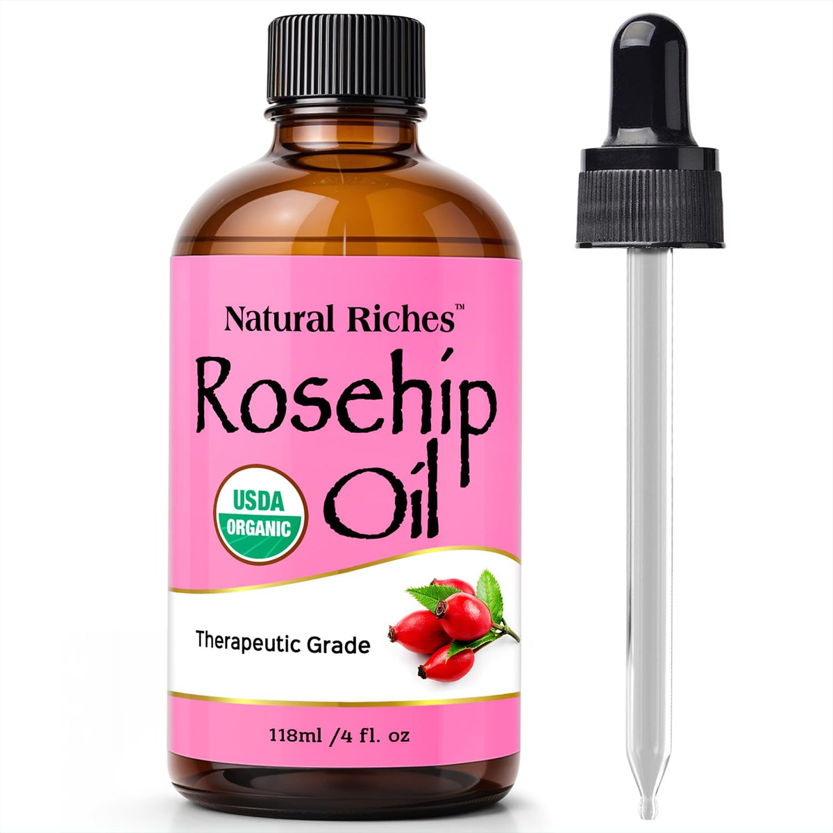 Natural Riches Rosehip Seed Oil bottle for everyday facial nourishment and quick absorption.