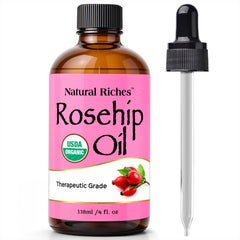 Natural Riches Rosehip Seed Oil bottle for everyday facial nourishment and quick absorption.