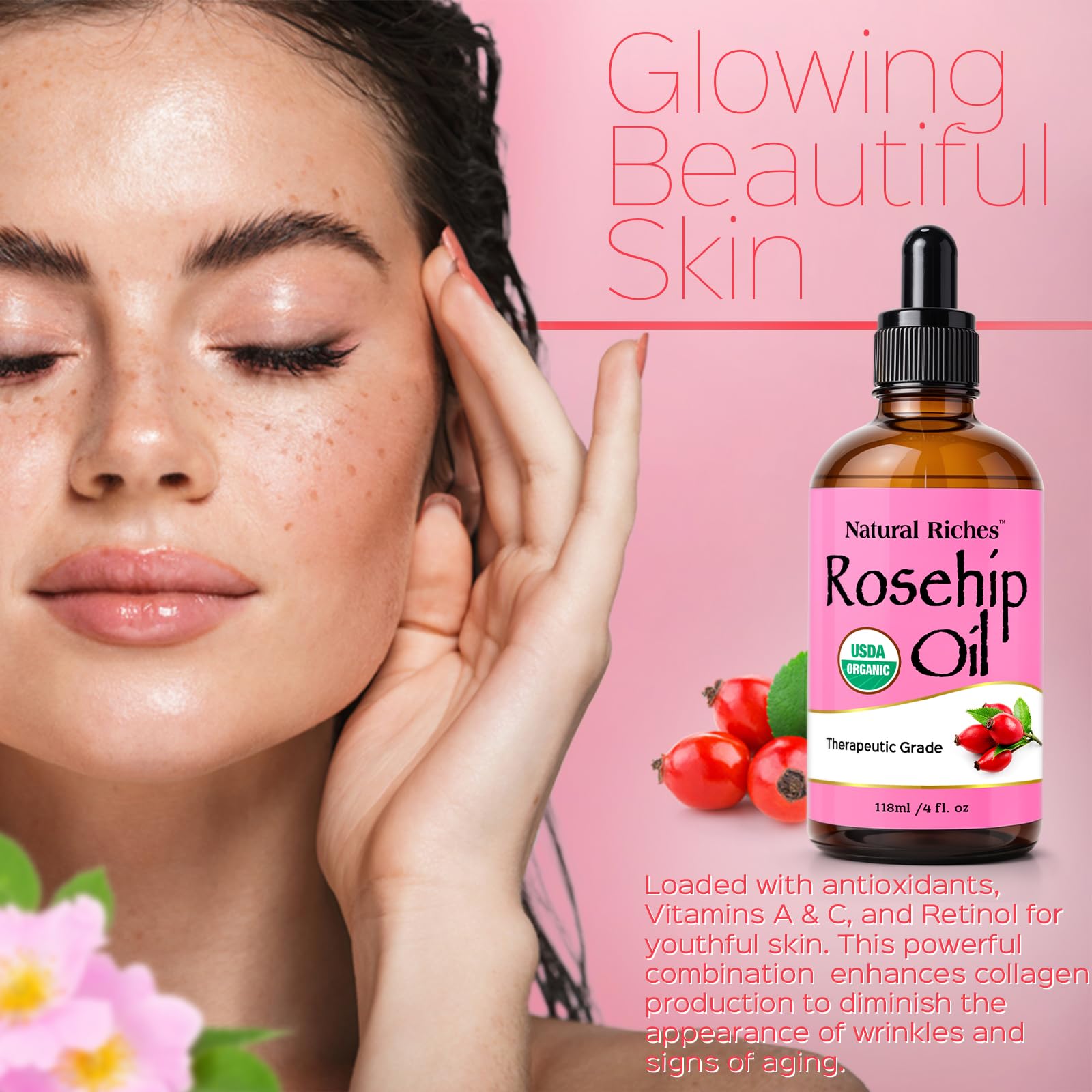 Natural Riches Rosehip Seed Oil face application for balanced, hydrated complexion.