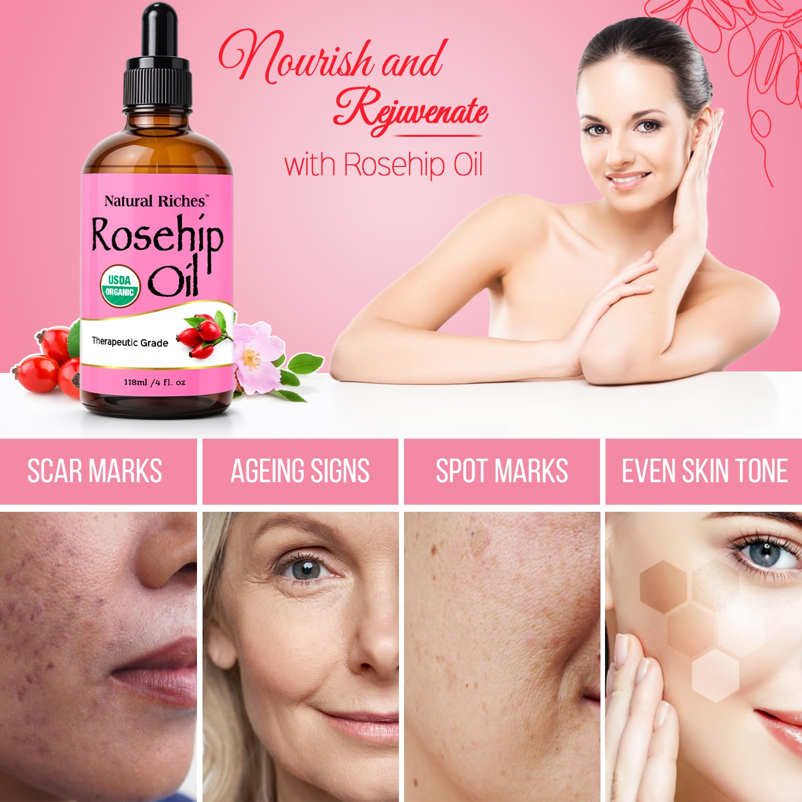 Natural Riches Rosehip Seed Oil glow demonstrates luminous skin after routine.