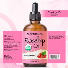 Natural Riches Rosehip Seed Oil pour captures smooth texture ideal for massage and quick hydration.