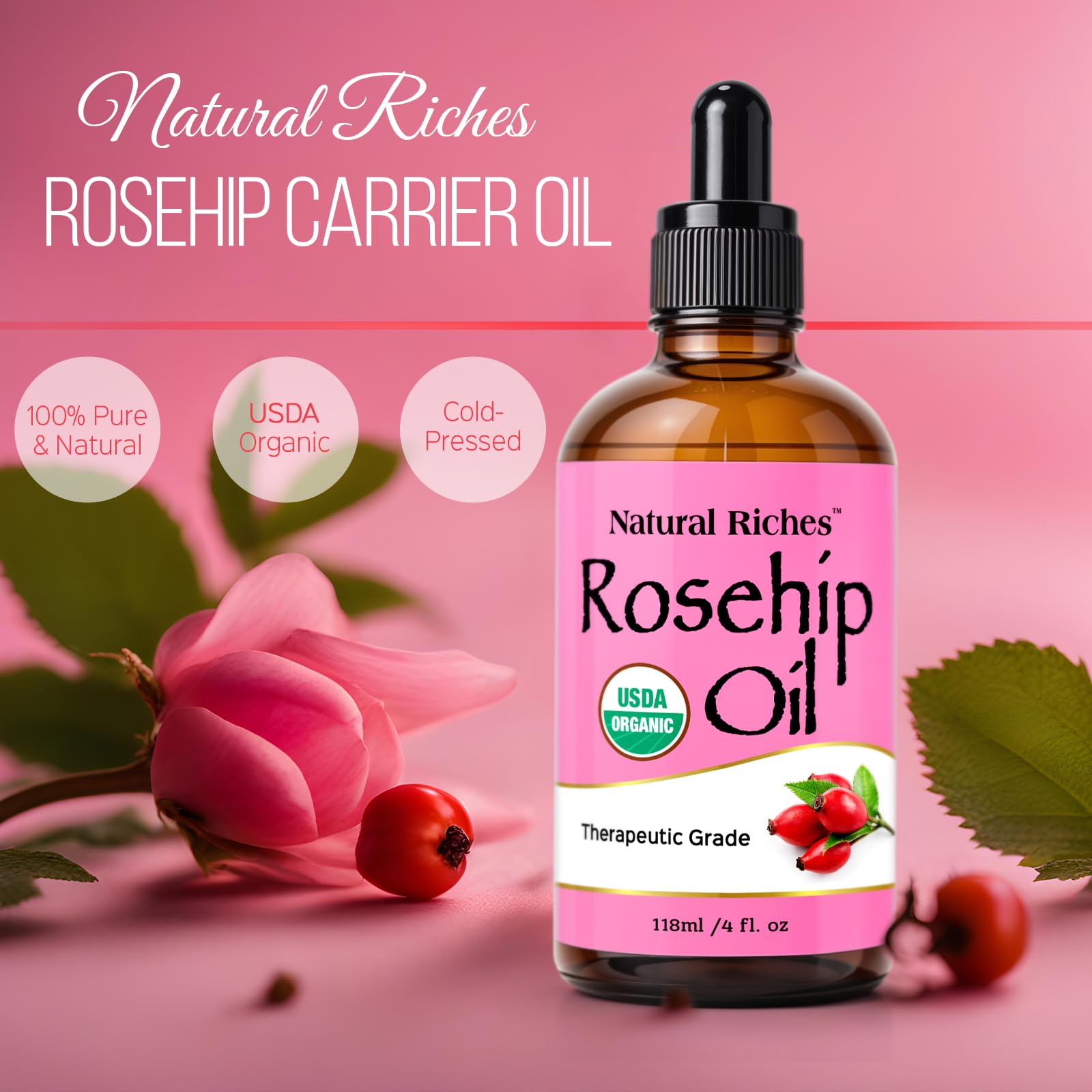 Natural Riches Rosehip Seed Oil texture closeup highlights lightweight, non-greasy feel.