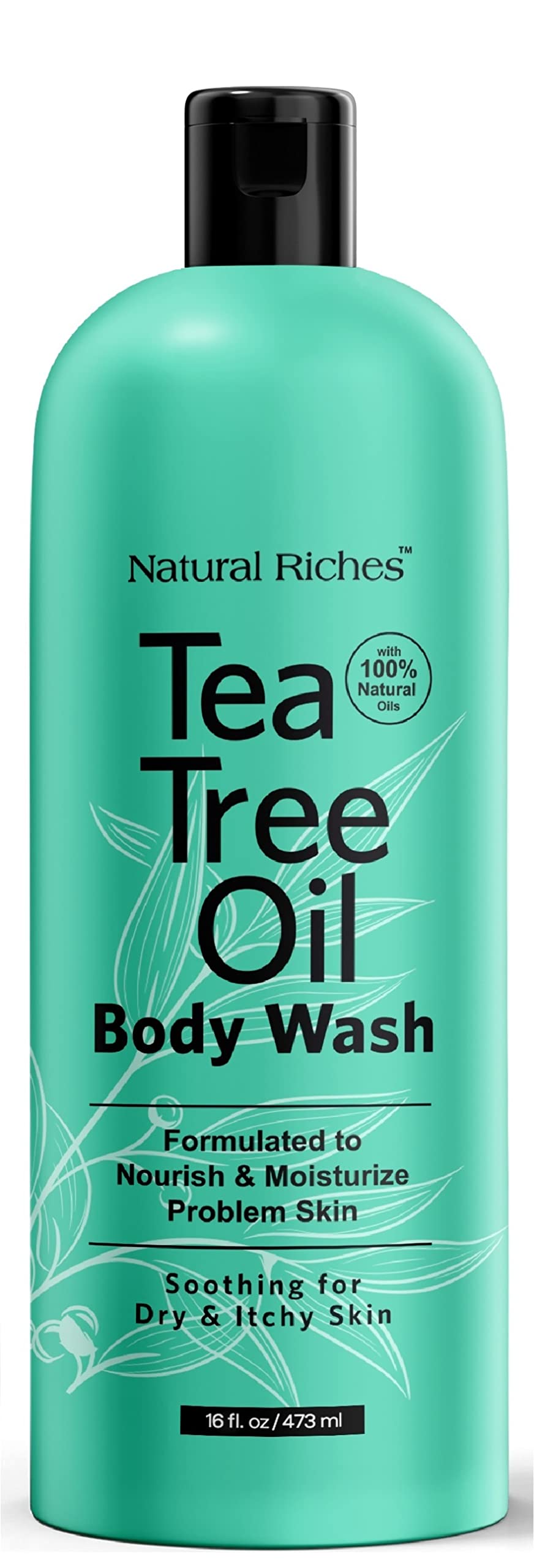 Natural Riches Tea Tree Body Wash bottle on a bathroom shelf for daily cleansing