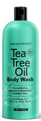 Natural Riches Tea Tree Body Wash bottle on a bathroom shelf for daily cleansing