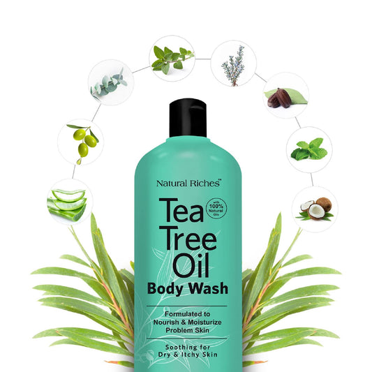 Natural Riches Tea Tree Body Wash label closeup — organic, preservative-free
