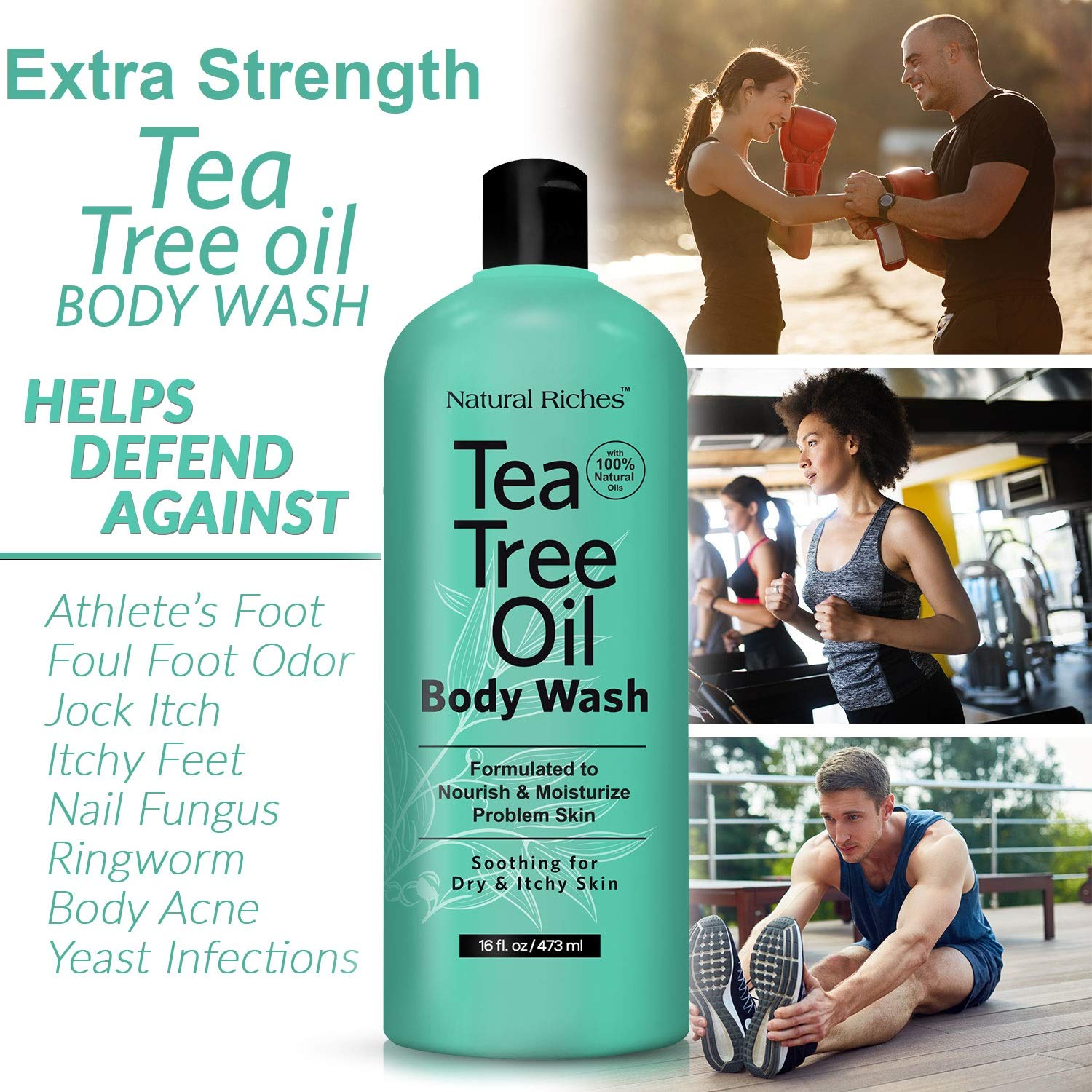 Label of Natural Riches Tea Tree Body Wash showing 16 oz and USA-made claim