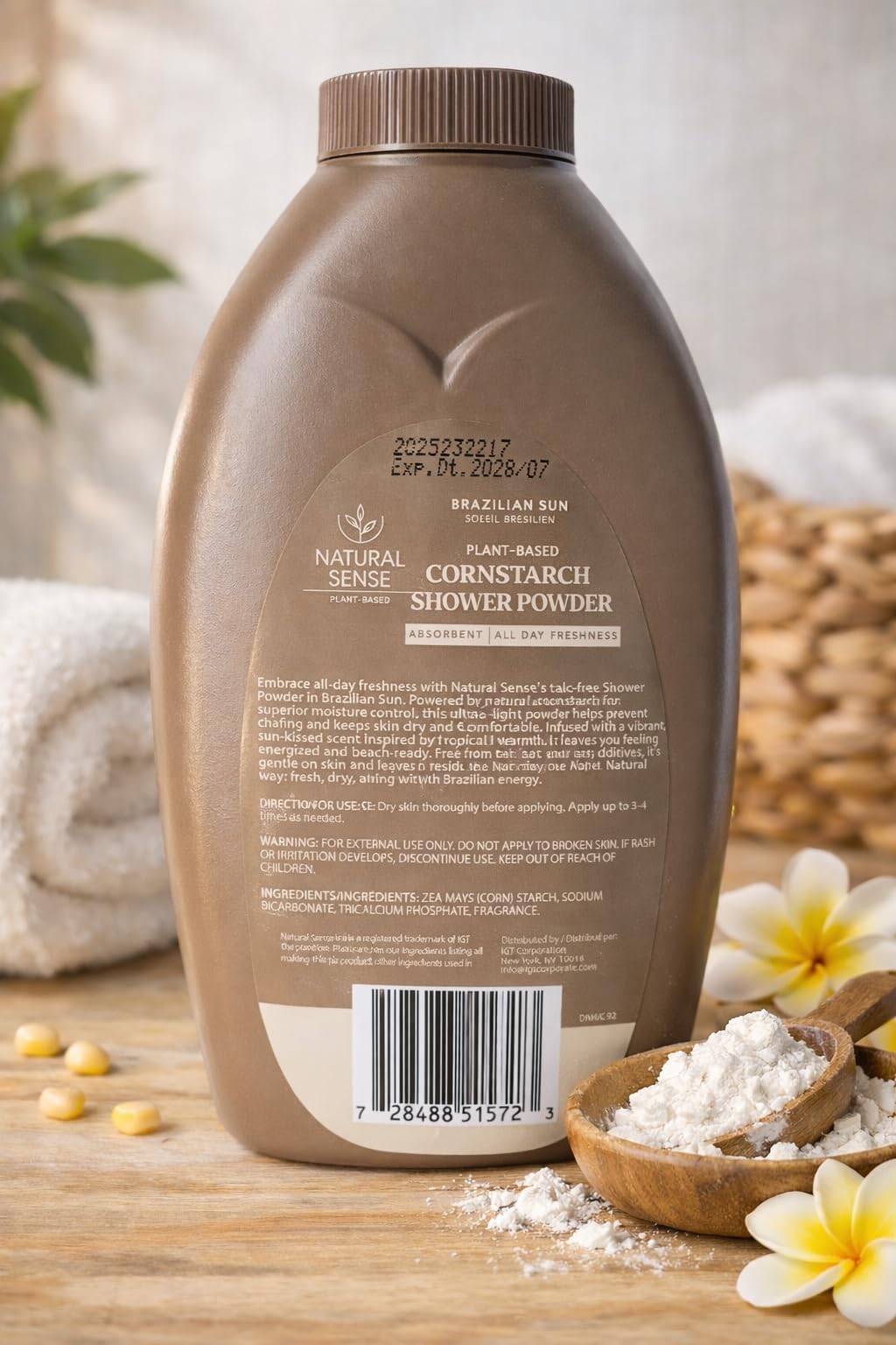 Natural Sense Brazilian Sun jar of shower powder highlighting the plant-based, talc-free formula