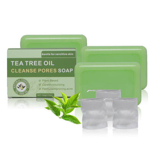 Natural Tea Tree Soap Bar collection closeup shows exfoliating texture for smoother skin.