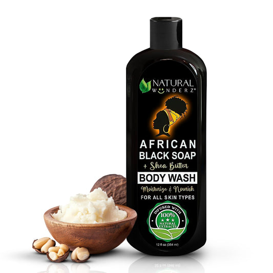 Natural Wunderz African Black Soap Body Wash bottle for gentle, sulfate-free cleansing