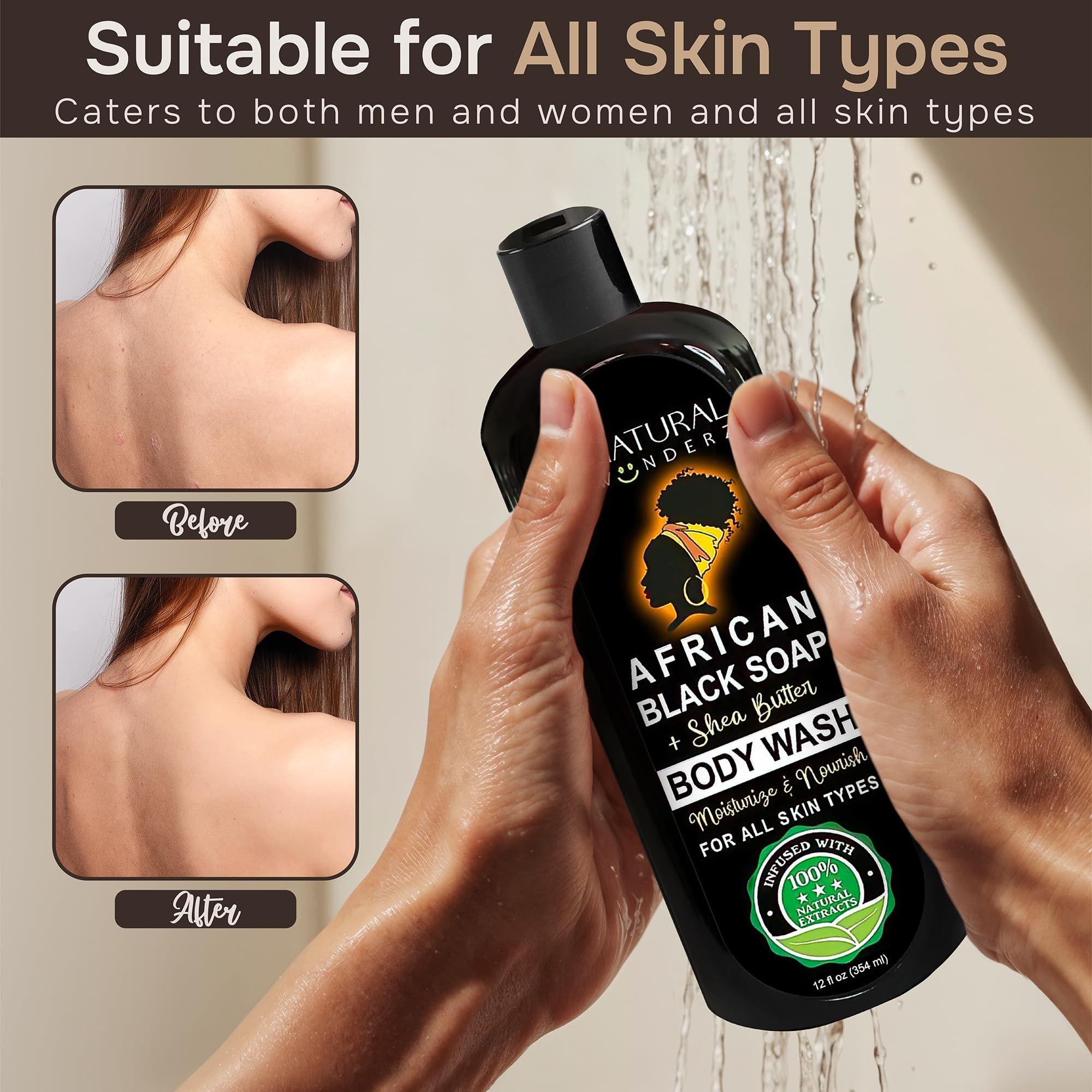 Natural Wunderz African Black Soap Body Wash travel-size bottle for on-the-go cleansing