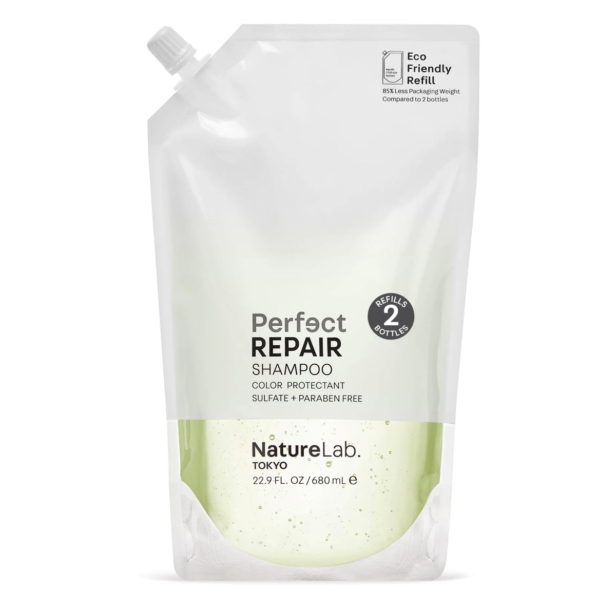 NatureLab.TOKYO Perfect Repair Shampoo bottle shows label for color-treated hair shine
